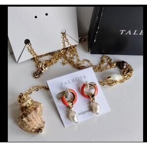 Talbots NEW Pearl Drop Enamel Hoop Earrings 2 Gold Dipped Seashell Necklaces Set